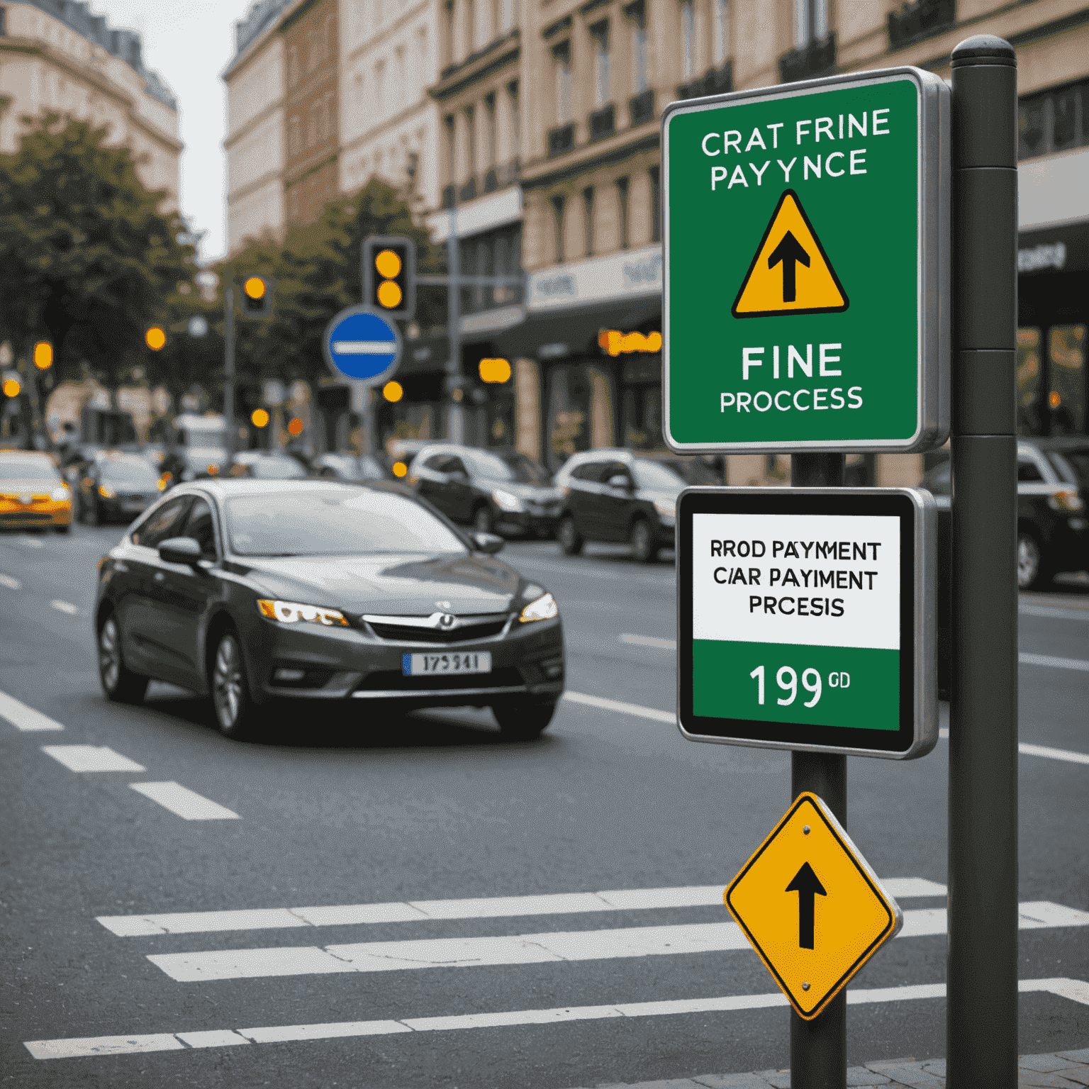 A digital interface showing a road fine payment process, with a car and traffic signs in the background