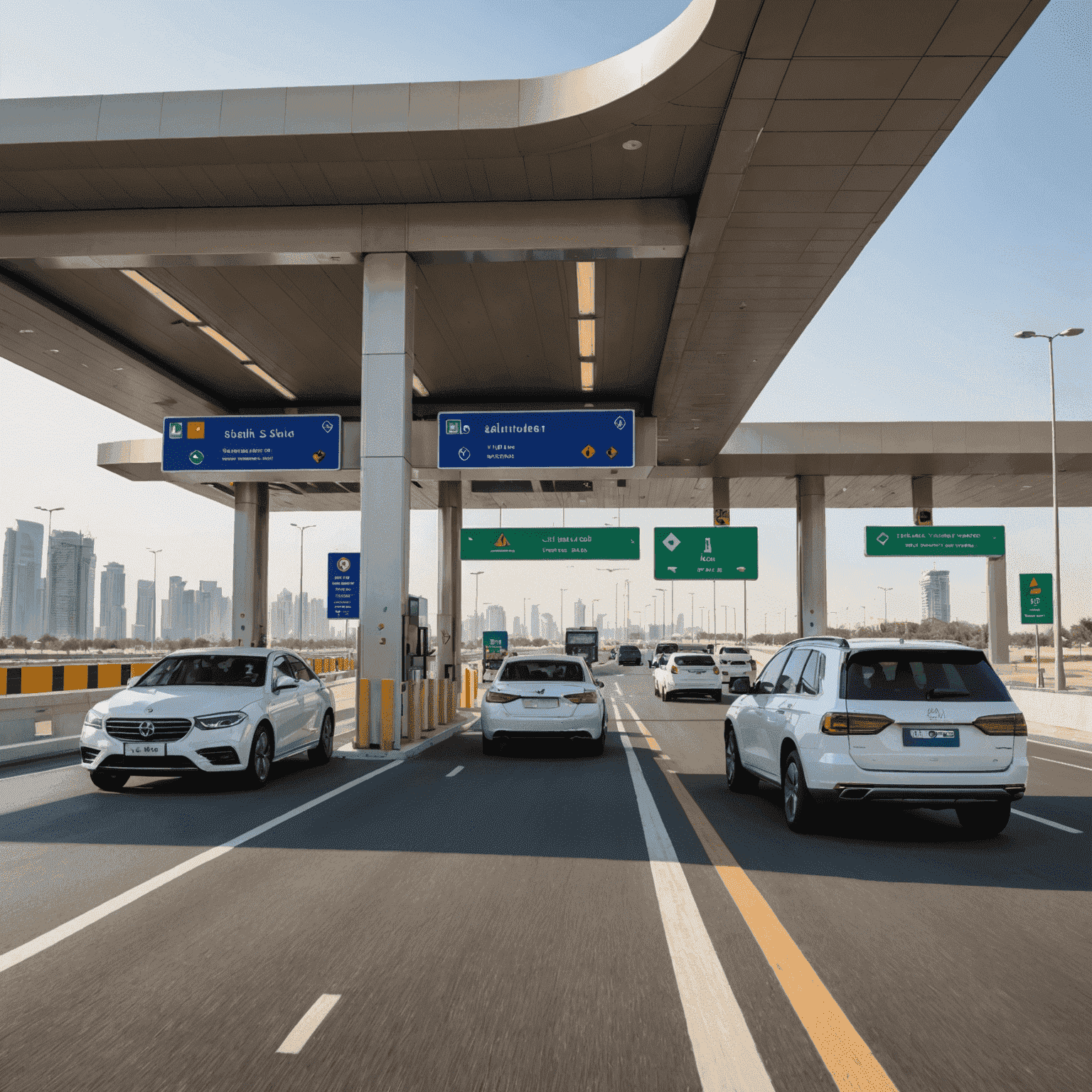 Two new Salik toll gates installed on a Dubai highway with modern electronic sensors and cameras