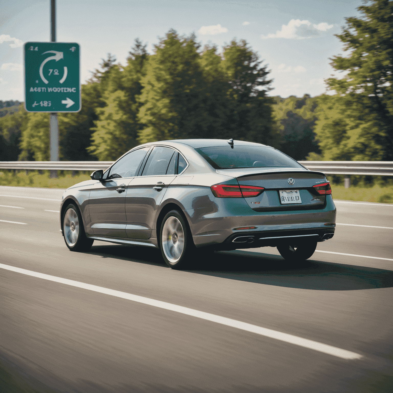 A car speeding on a highway, blurred background indicating high velocity