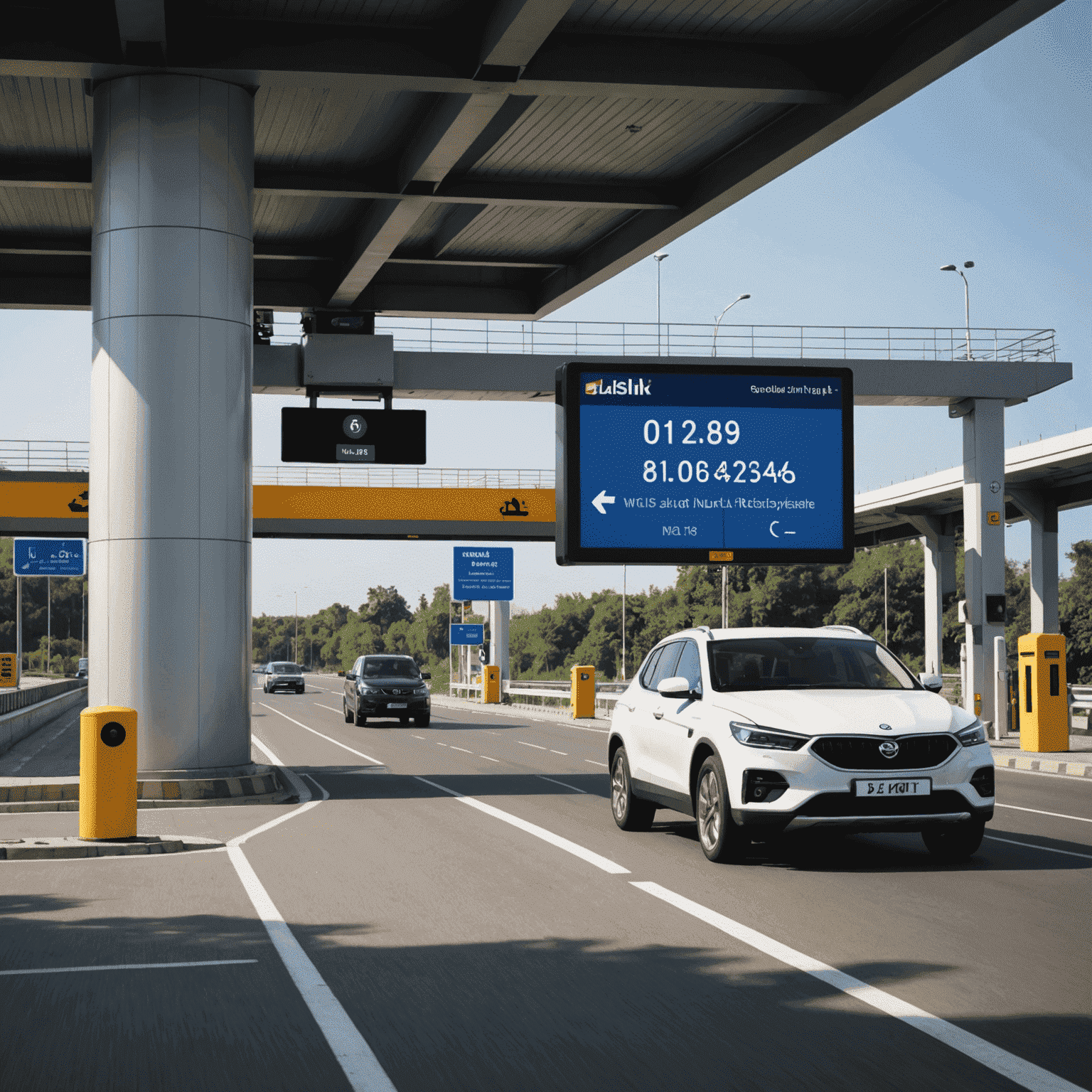 A car passing through a Salik toll gate with a digital display showing the registration process