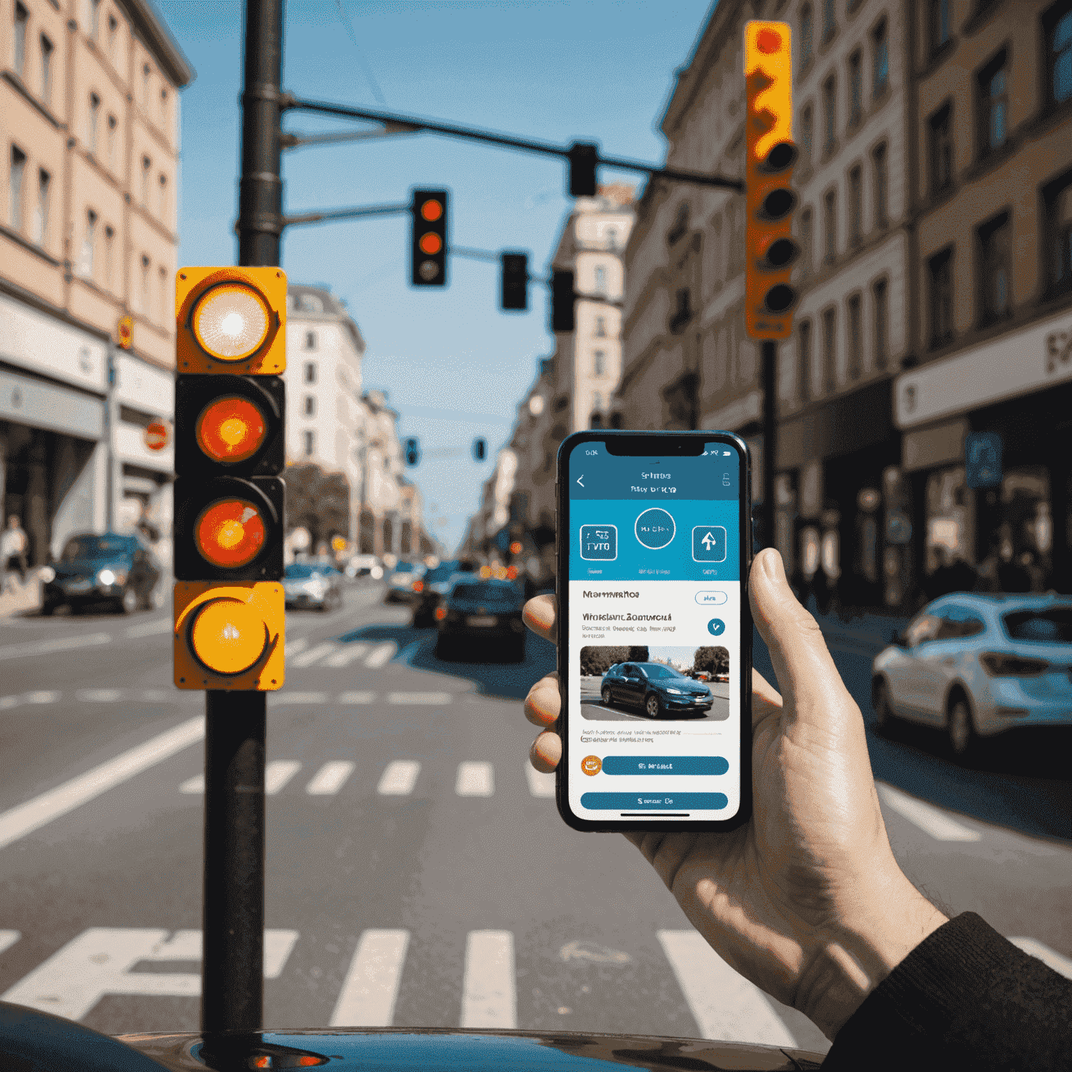 A person using a smartphone to pay a traffic fine online, with a traffic light and road signs in the background