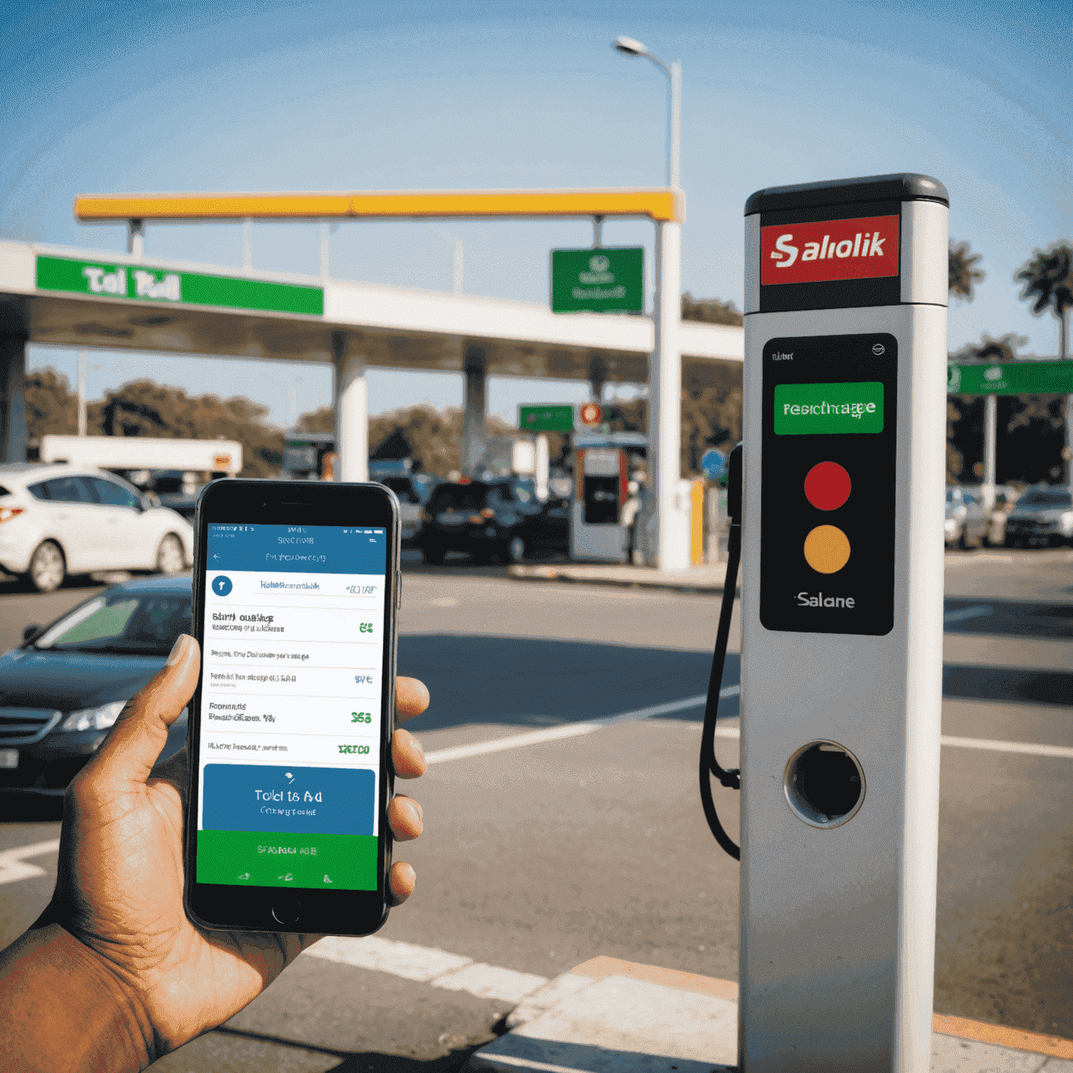 A smartphone displaying a Salik recharge interface with a toll gate in the background