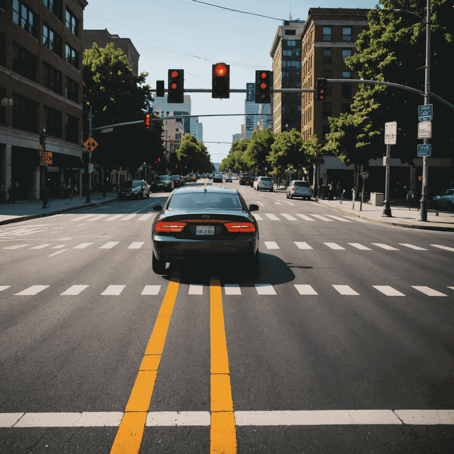 A car crossing an intersection with a red traffic light visible