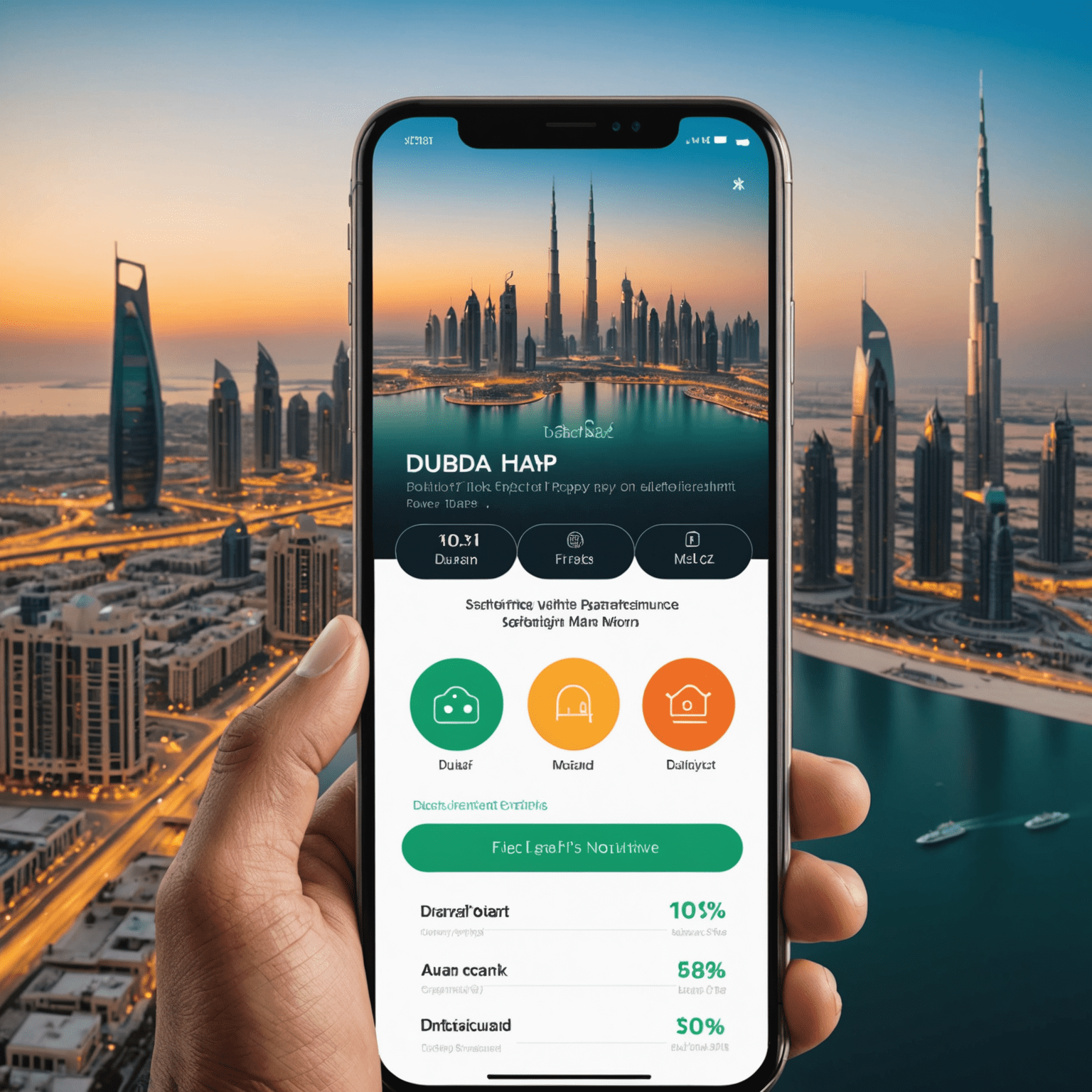 A smartphone displaying a fine payment app interface with Dubai's skyline in the background