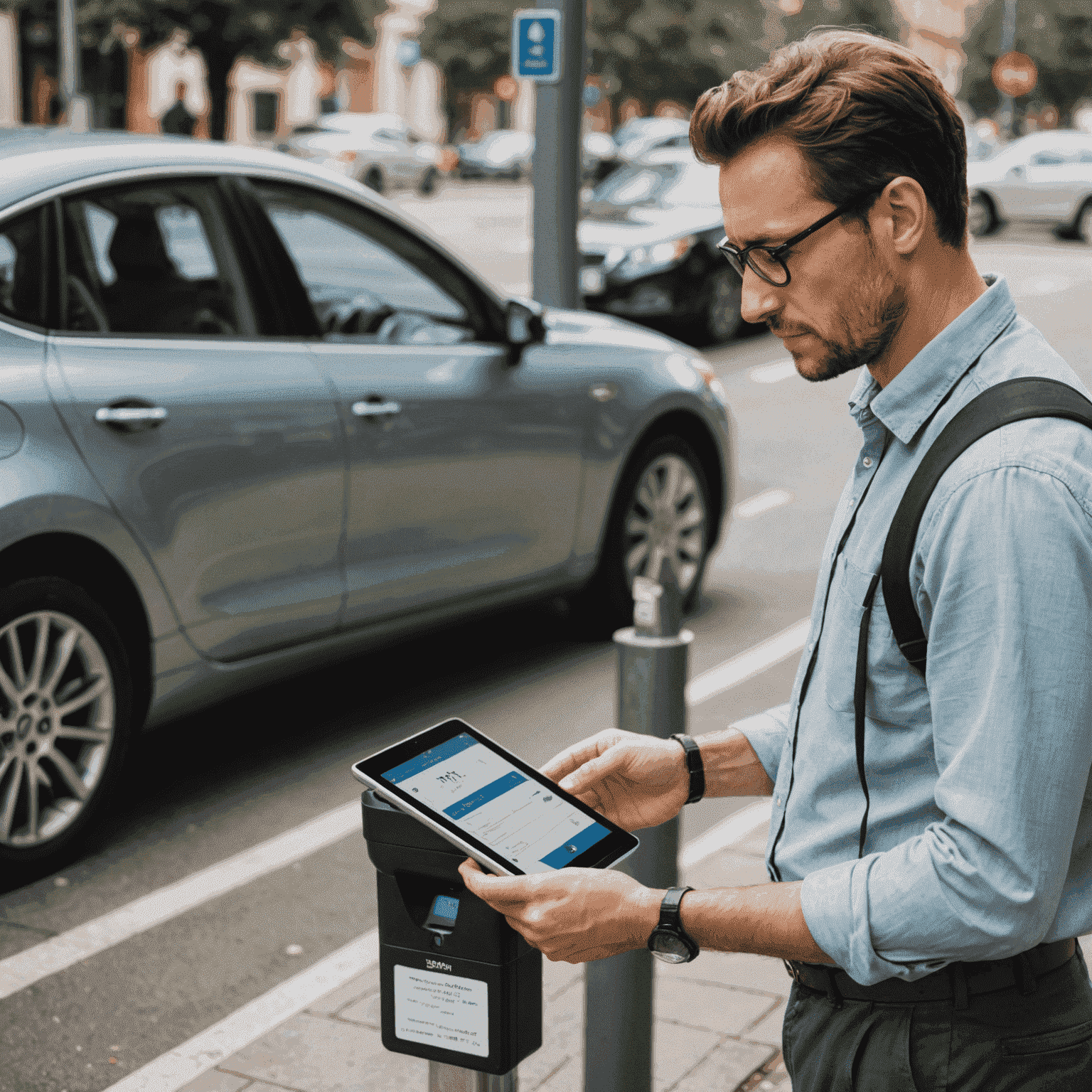 A digital parking meter next to a car, with a person using a tablet to pay a parking fine