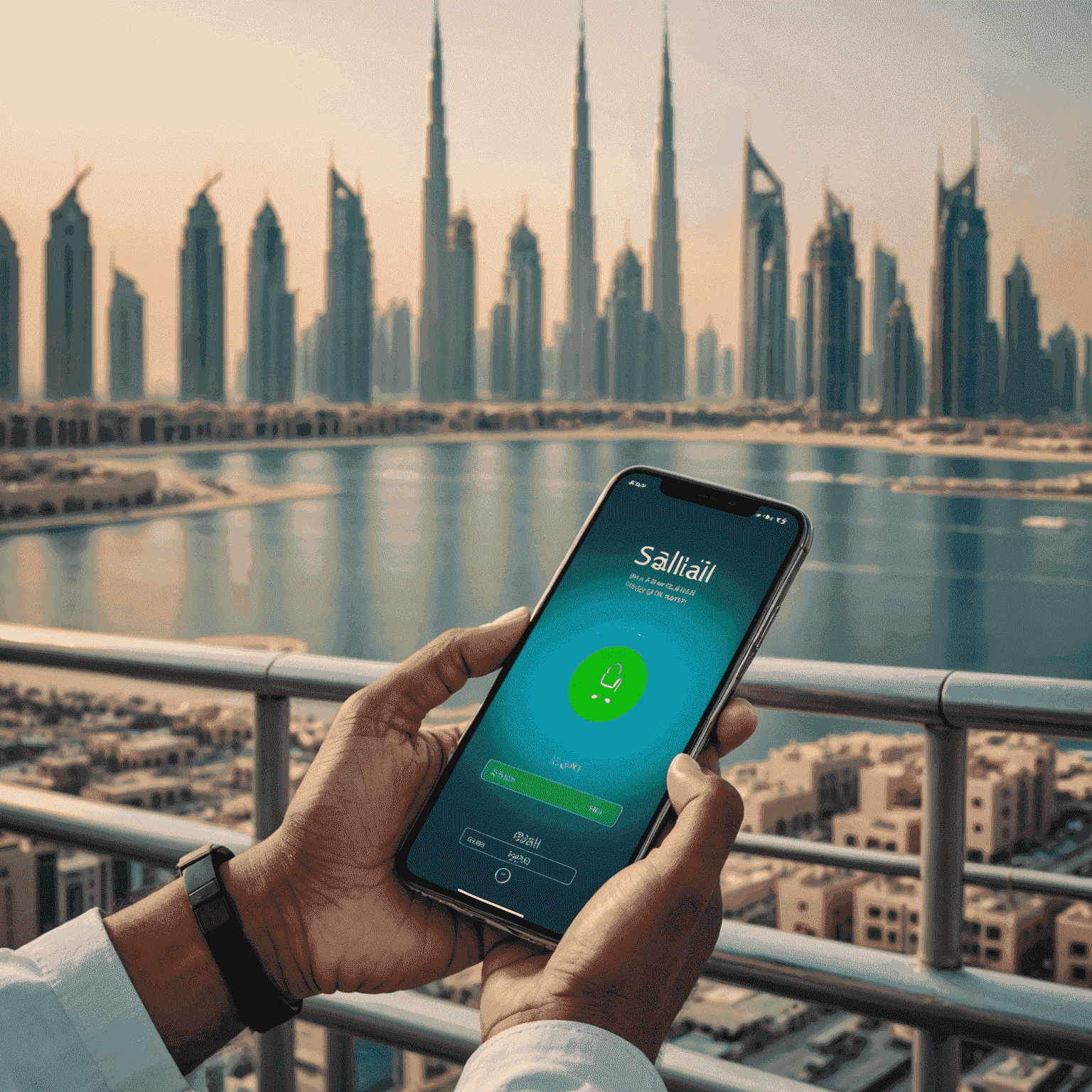 A person using a smartphone to recharge their Salik account, with Dubai's skyline in the background