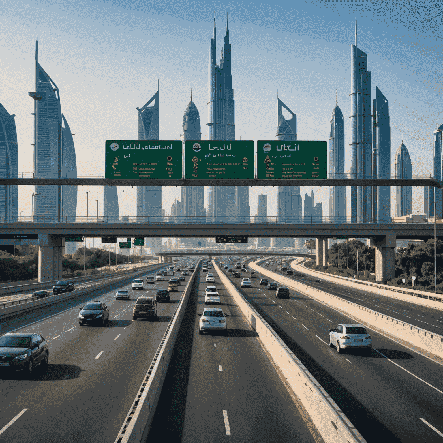 Dubai skyline with Salik toll gates visible on the highway, showing latest electronic displays for updated toll information