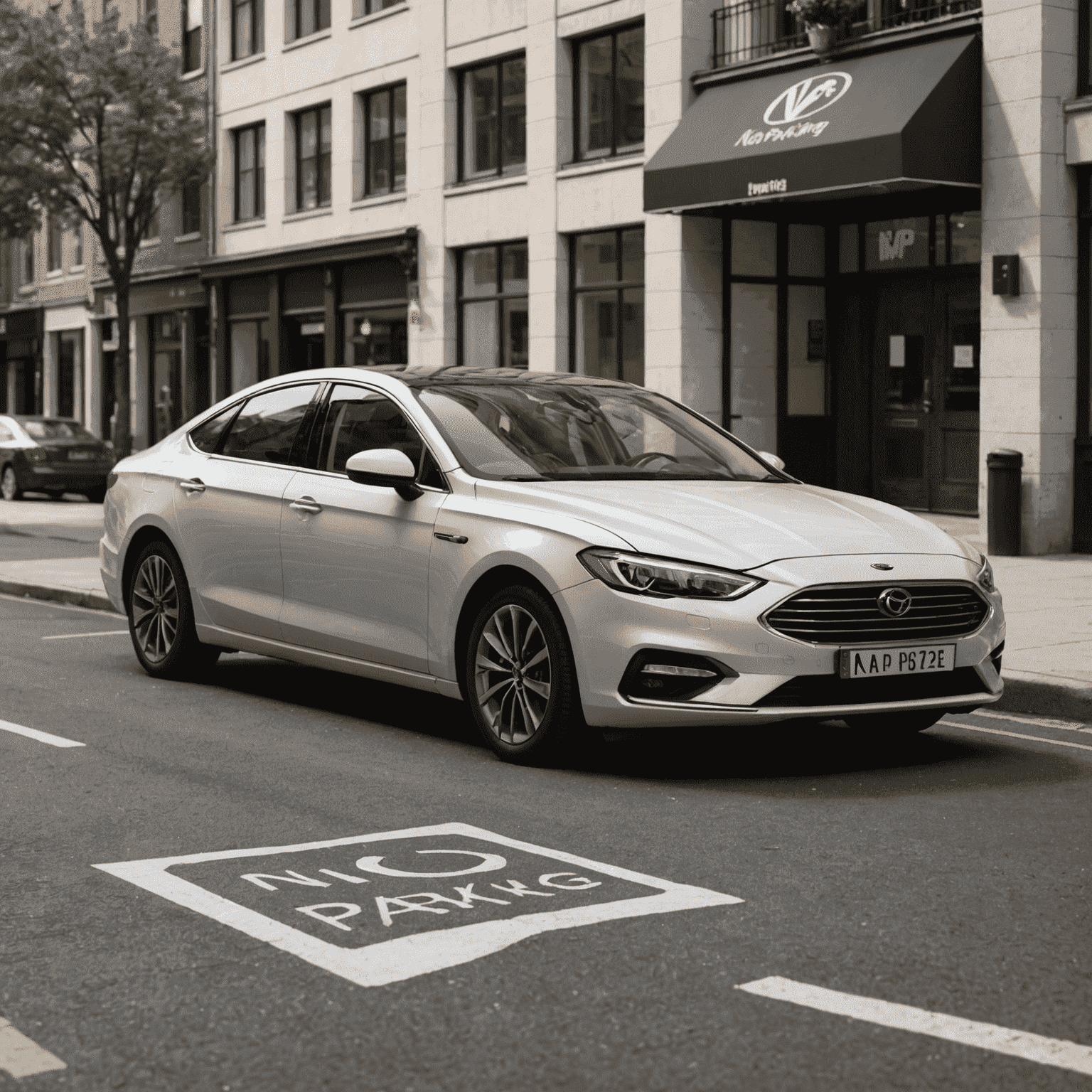 A car parked in a no-parking zone with a visible 'No Parking' sign