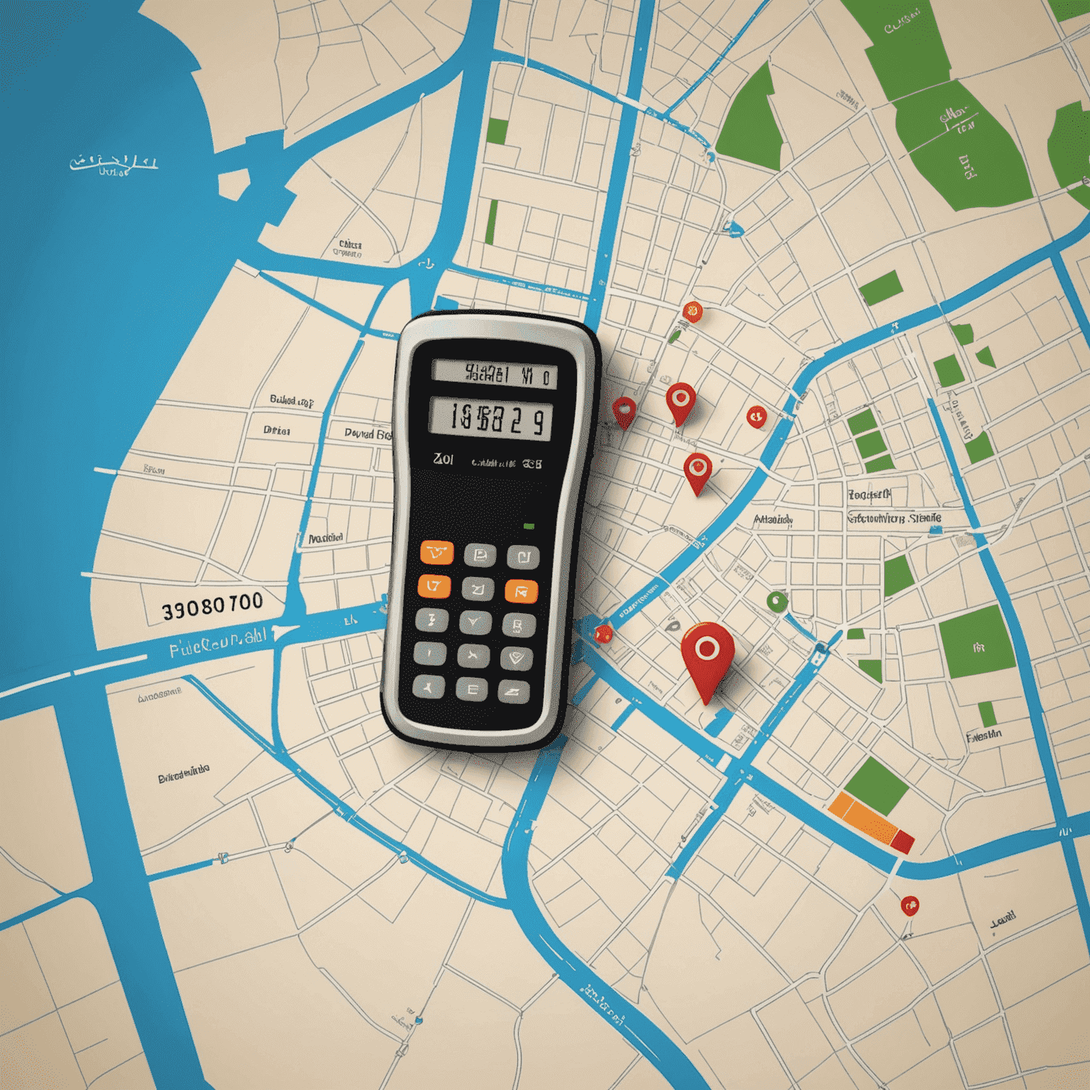 A map of Dubai with highlighted Salik toll gates and a calculator overlay