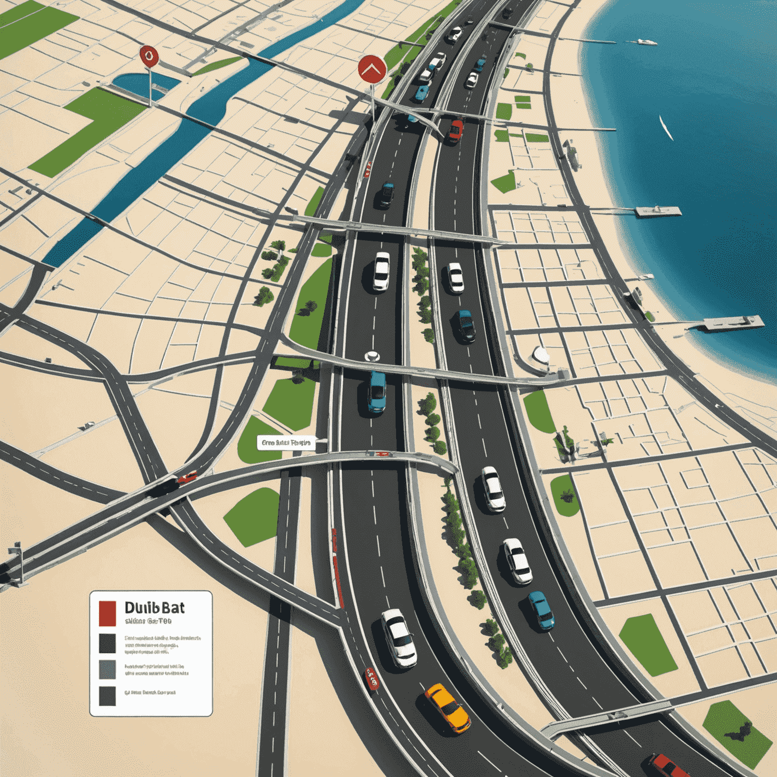 A map of Dubai highlighting Salik toll gate locations, with a car passing through a gate