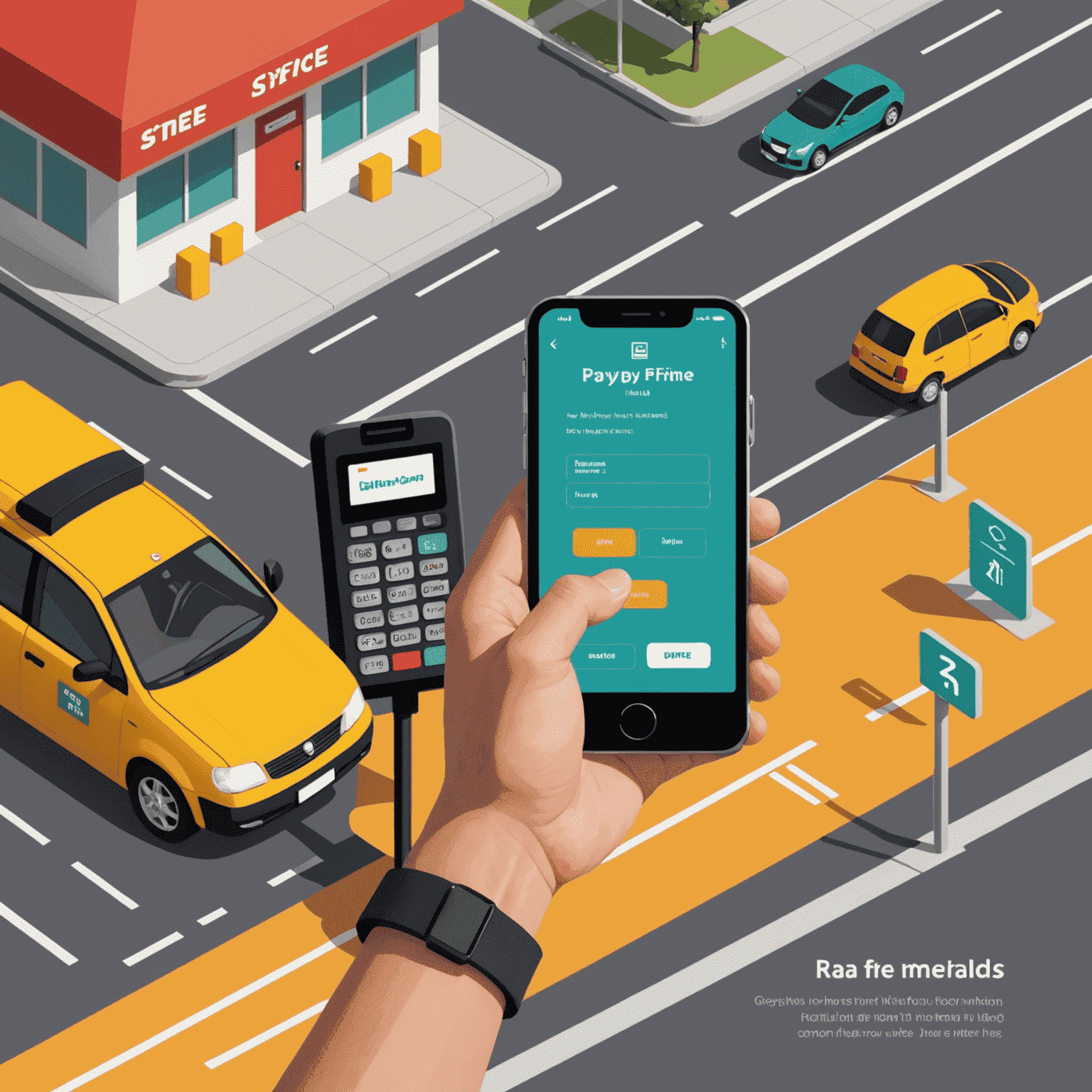 Step-by-step visual guide showing various payment methods for road fines, including mobile app, kiosk, and online portal interfaces