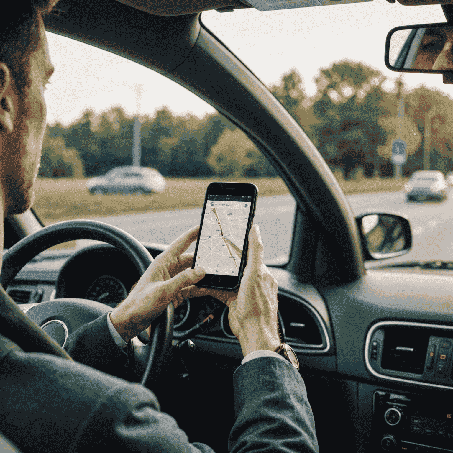 A driver holding a smartphone while behind the wheel