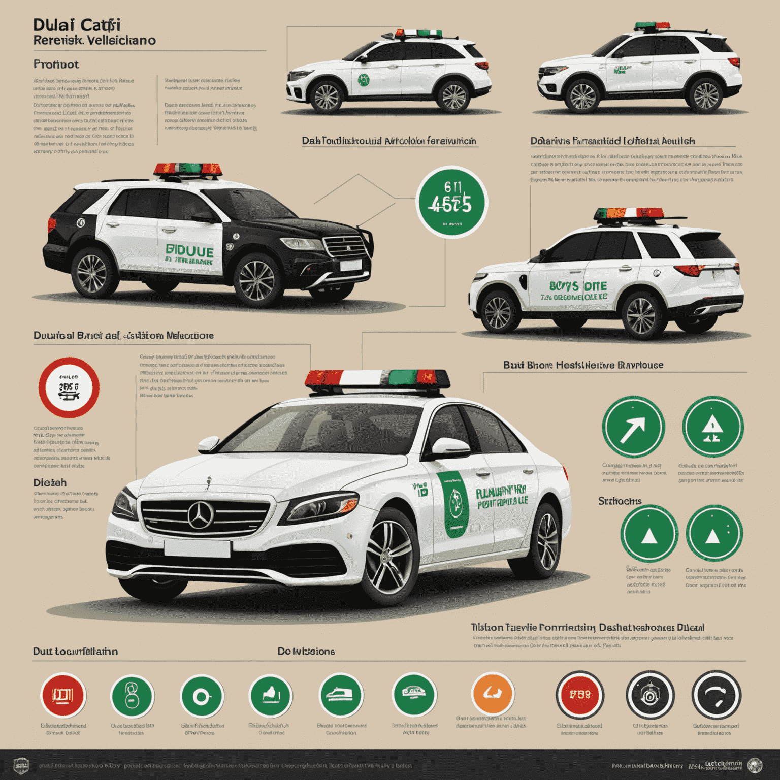 Infographic displaying various traffic violation symbols and corresponding fine amounts, with Dubai police car in the background