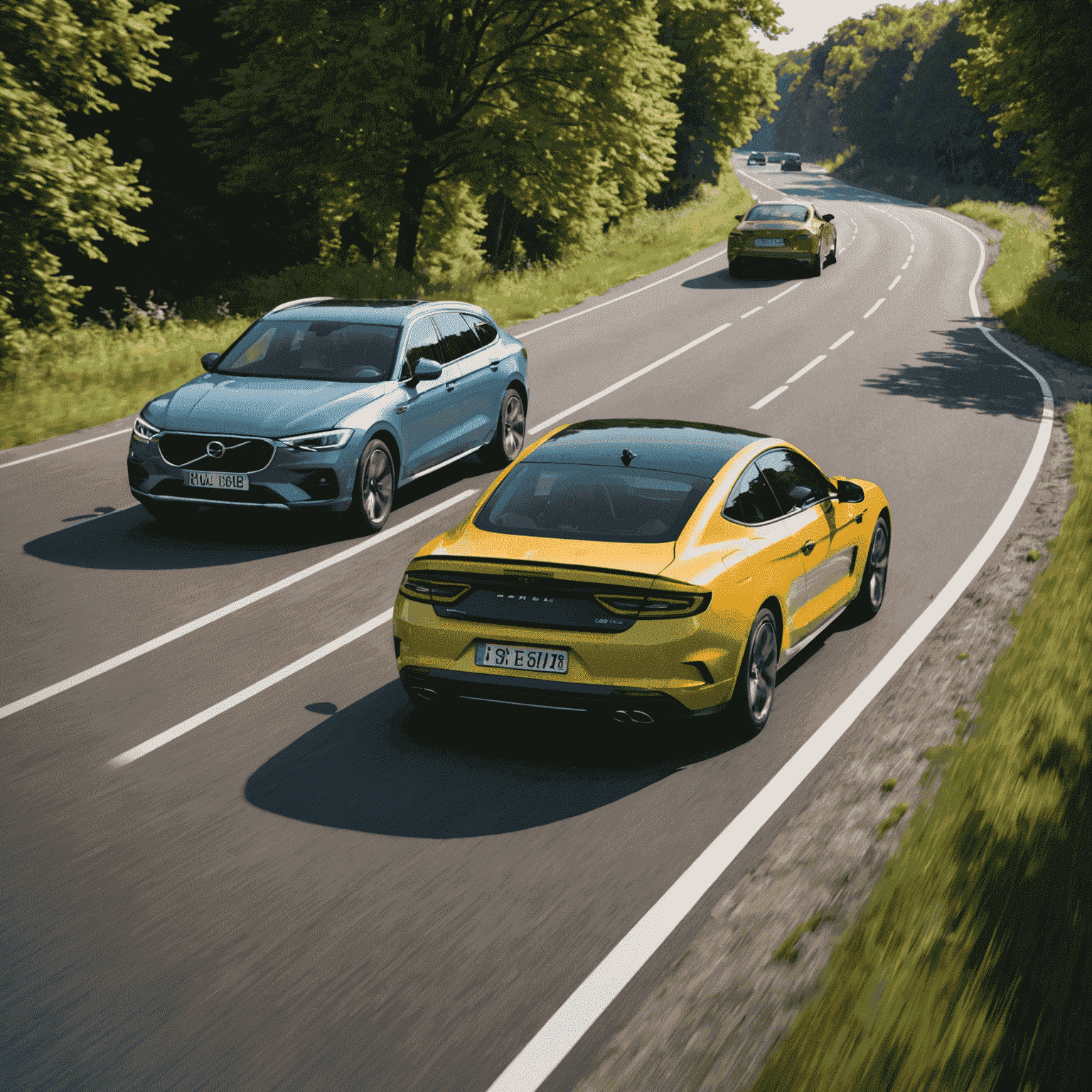 Two cars on a road with the rear car following too closely